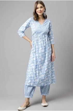Blue Cotton Embroidered Kurti KTI2650