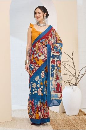 Silk Saree with Digital print in Blue SR30214