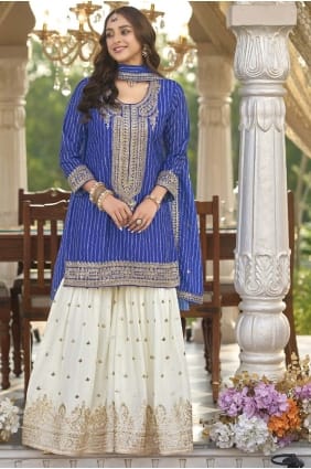 Embroidered Chiffon Sharara Suit in Blue with Dupatta SS1285