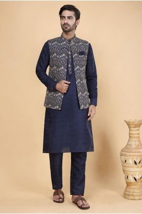 Embroidered Men Kurta in Blue Banarasi silk KURR235
