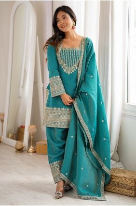 Blue Silk Embroidered Palazzo Suit with Dupatta PZ4483