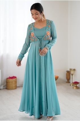 Georgette Hand Blue Gown Dress with Dupatta GW1337