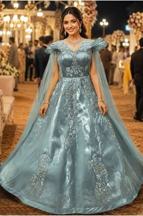 Blue Embroidered Gown Dress in Net GW1296