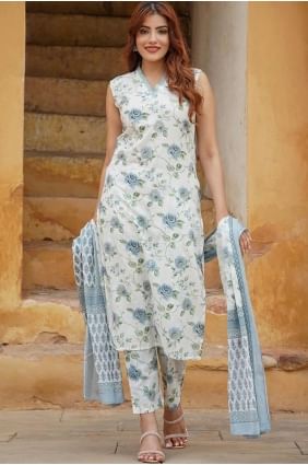 Blue Printed Cotton Straight Pant Suit SK155386
