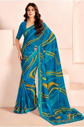 Blue Printed Saree in Georgette SR28405