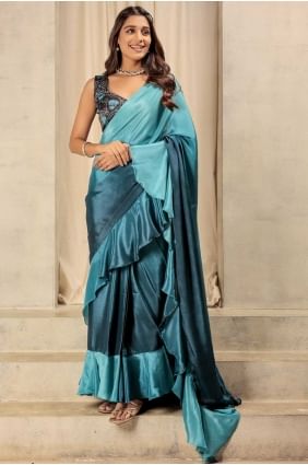 Printed Saree in Blue Satin SR28730