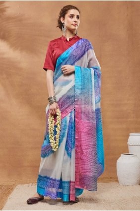 Blue Printed Silk Saree SR30246