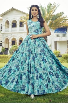 Rayon Gown Dress in Blue with Printed GW1309