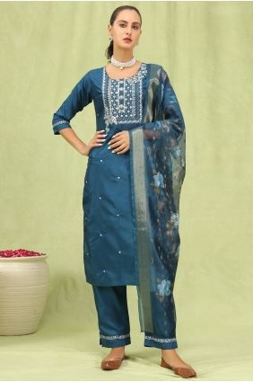 Silk Embroidered Blue Salwar Kameez with Dupatta SK15843