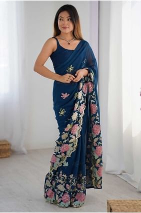 Sequins Work Saree in Blue Georgette SR28665