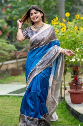 Tussar silk Saree in Blue with Printed SR29686