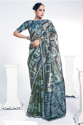 Silk Embroidered Blue Saree with Blouse SR28948
