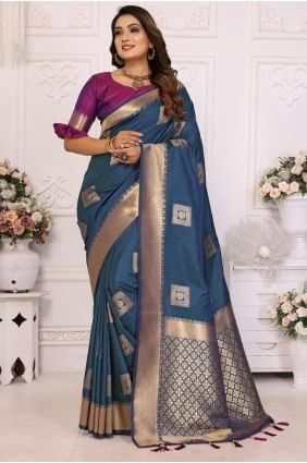 Blue Saree with Weaving Soft net SR28259
