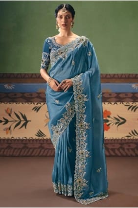 Blue Art silk Saree with Sequins,stone with moti SR29698