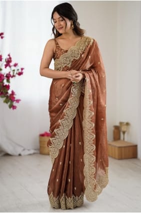Embroidered Saree in Brown Chiffon SR29430