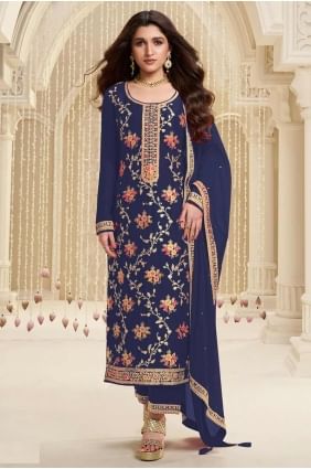 Blue Embroidered Viscose Eid Salwar Kameez SK155146
