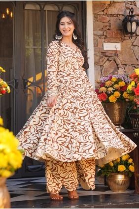 Printed Cotton Anarkali Suit in Brown with Dupatta AS4298
