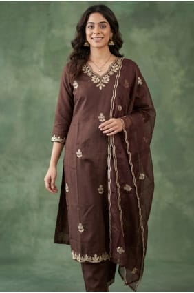 Embroidered Cotton blend Brown Salwar Kameez with Dupatta SK155950