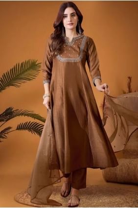 Brown Salwar Kameez in Embroidered Silk SK155778