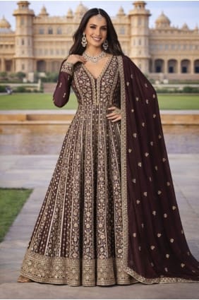 Brown Silk Gown Dress with Embroidered GW1229