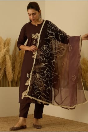 Silk Salwar Kameez with Embroidered in Brown SK156085