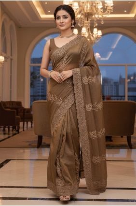Brown Embroidered Satin Saree with Blouse SR29909