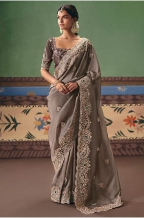 Sequins,stone with moti Saree in Brown Art silk SR29703
