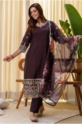 Silk Salwar Kameez with Embroidered in Brown SK156056