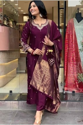 Cotton Eid Salwar Kameez with Embroidered in Burgundy SK156006