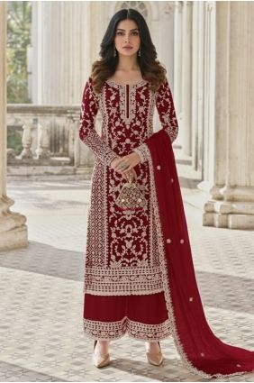 Burgundy Palazzo Suit with Embroidered Net PZ4472