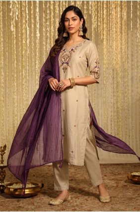 Beige Straight Pant Suit with Embroidered Chanderi SK159243
