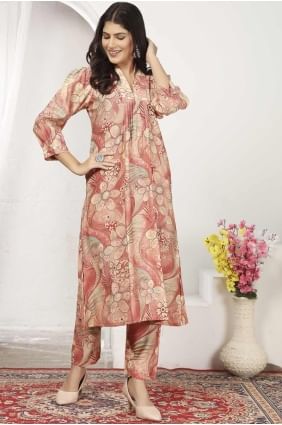 Chanderi Digital print Peach Straight Pant Suit with Dupatta SK155198