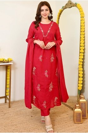 Red Chanderi Embroidered Straight Pant Suit with Dupatta SK159218