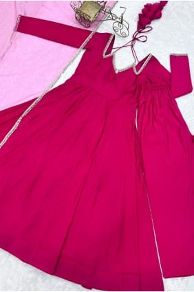 Lace Chanderi silk Anarkali Suit in Rani pink with Dupatta AS4201