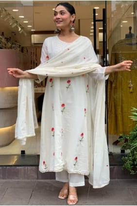 Chanderi silk Embroidered White Eid Anarkali Suit with Dupatta AS4167