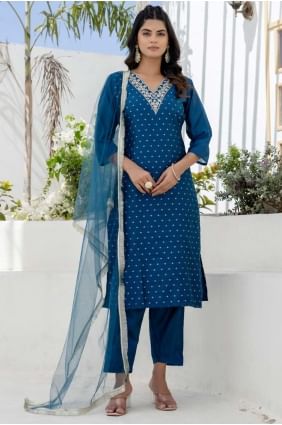 Chanderi silk Embroidered Teal blue Salwar Kameez SK155709