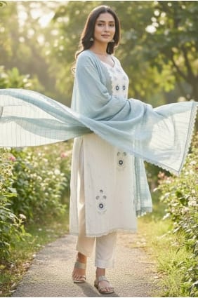 Salwar Kameez in Off white Chanderi silk with Hand SK15615