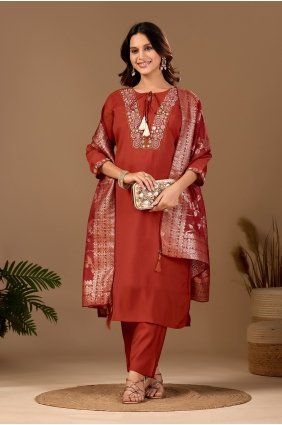 Rust Embroidered Straight Pant Suit in Chanderi SK159201