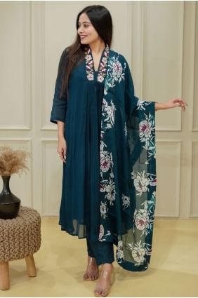 Embroidered Salwar Kameez in Teal Chiffon SK155777