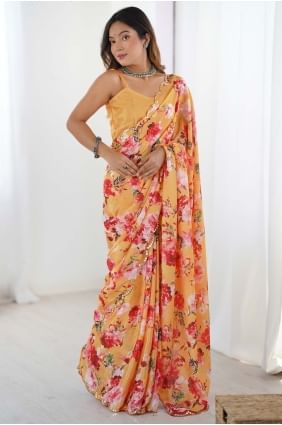 Chiffon Digital print Orange  Saree with Blouse SR28496