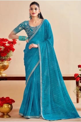 Embroidered Chiffon Saree in Sky blue with Blouse SR29357