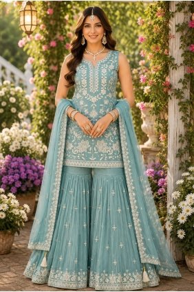 Sharara Suit in Sky blue Chiffon with Embroidered SS1395