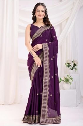 Chiffon Embroidered Voilet  Saree with Blouse SR28196
