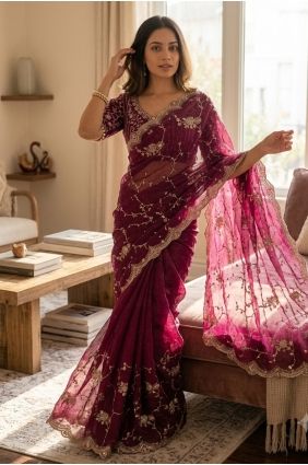 Embroidered Chiffon Party Wear Saree in Wine with Blouse SR30058