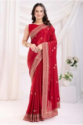 Chiffon Red Saree in Embroidered SR28197