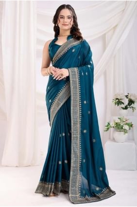 Chiffon Saree in Teal blue  with Embroidered SR28195