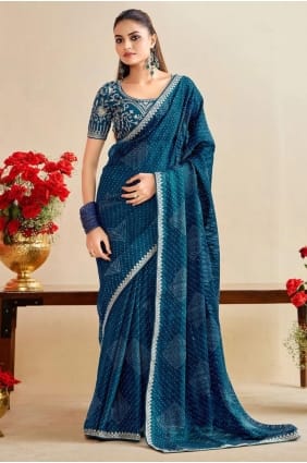 Embroidered Chiffon Teal Saree with Blouse SR29353