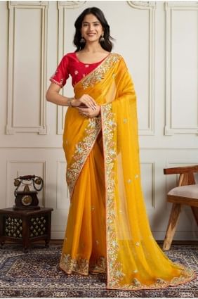 Embroidered Chiffon Yellow Saree with Blouse SR28929