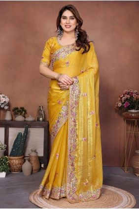 Lace Saree in Yellow Chiffon SR29736