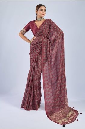 Chiffon Sequins Maroon Saree with Blouse SR29983